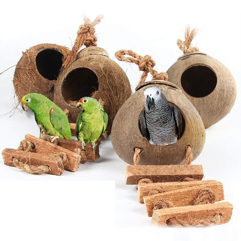 Hamiledyi Hanging Bird House with Ladder Natural Coconut Fiber Shell Bird Nest Breeding for Parrot Parakeet Lovebird Finch Canary Coconut Hide Bird Swing Toys for Hamster Bird Cage Accessories Pet Bird Supplies - Image 2